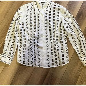Samuel Dong White Blouse W/Brown Embroidered Geometric Cut Outs Very Unique Sz L